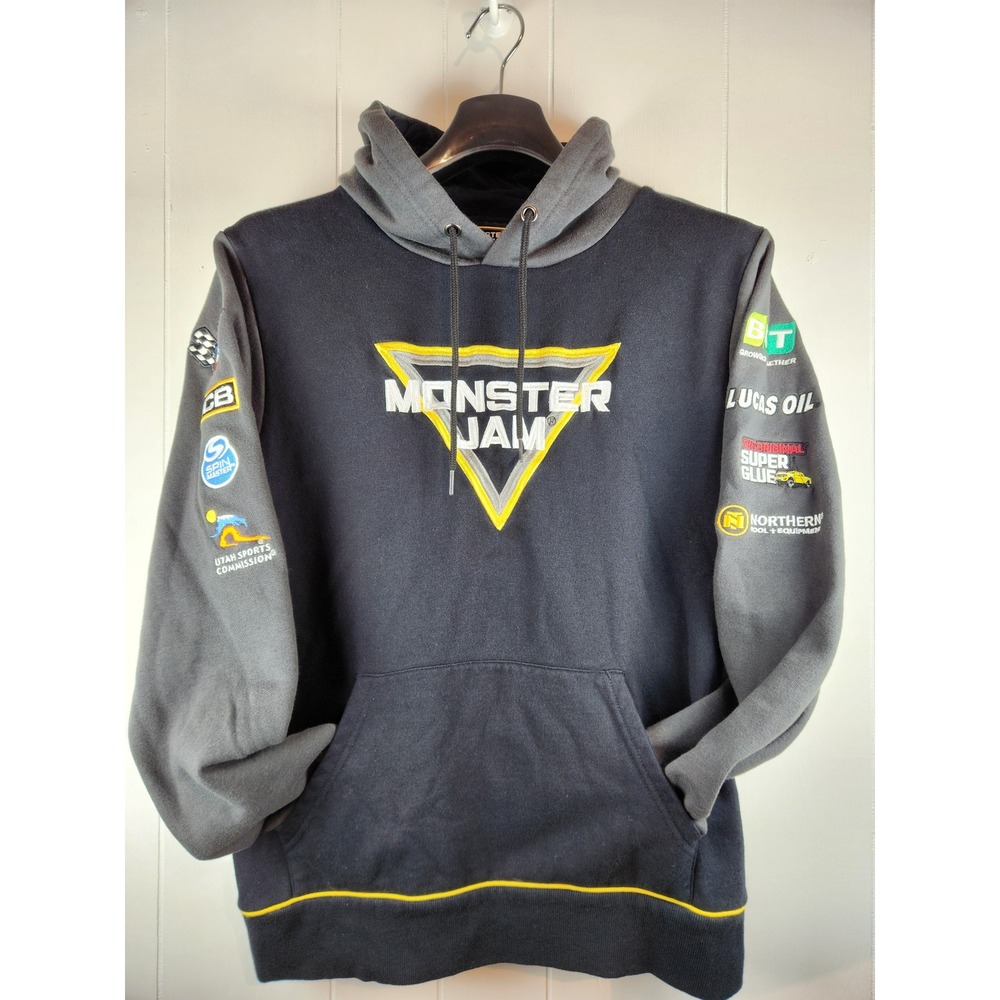 Monster Jam 2026 Mens Hoodie Medium Black Grey Sponsor Patches Pullover